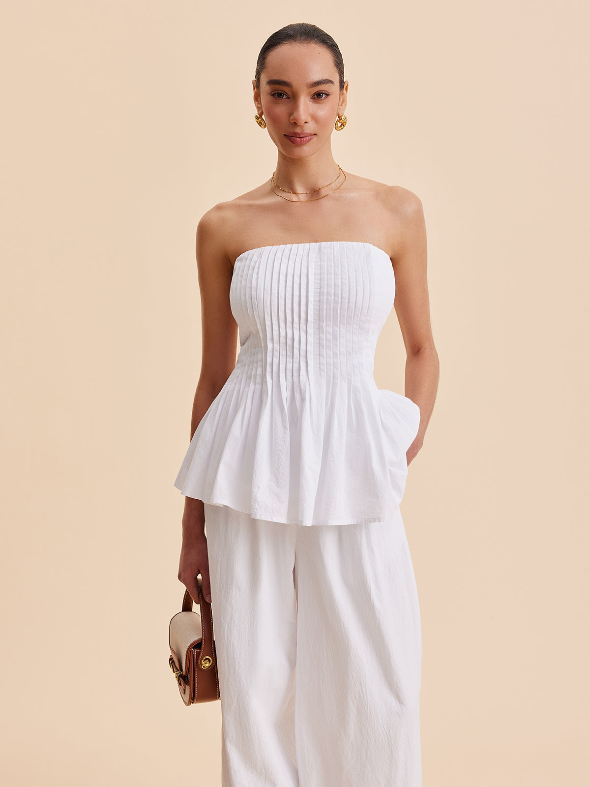 Bawełnowy plisowany top peplum bez ramiączek