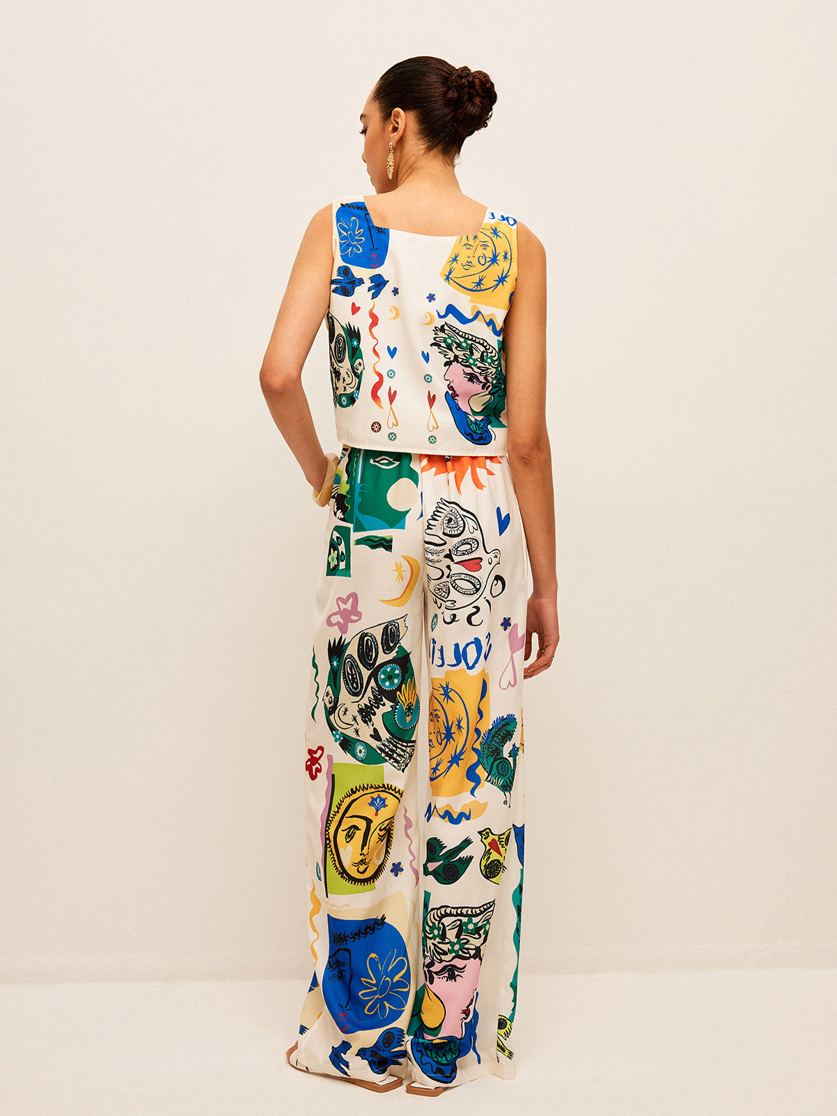 Zestaw Crop Top z Graficznym Printem i Spodniami z Szerokimi Nogawkami
