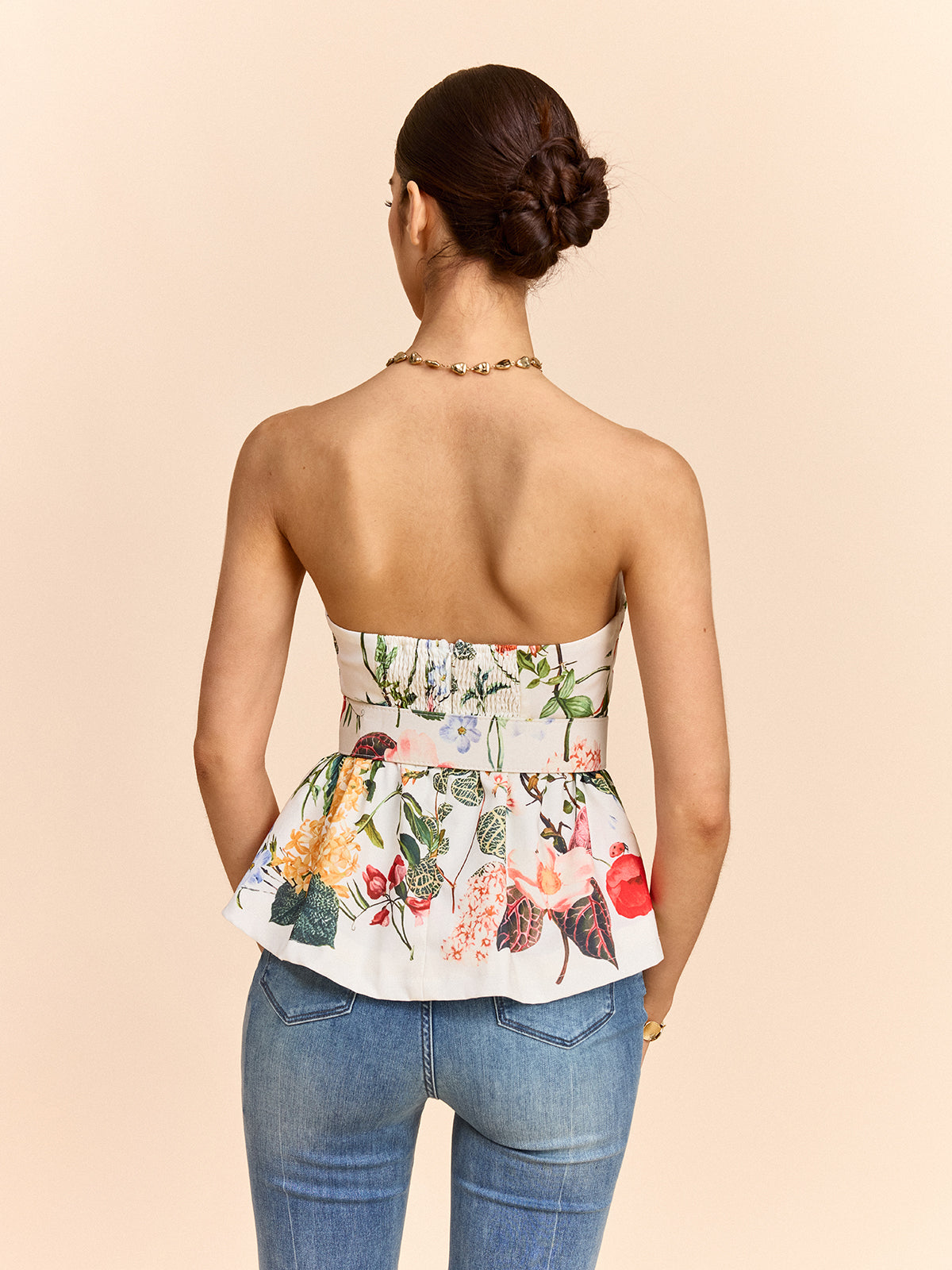 Top Peplum bez ramiączek z kwiatowym nadrukiem i paskiem