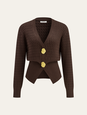 Metalowy przycisk V-Neck sweter z warkoczem