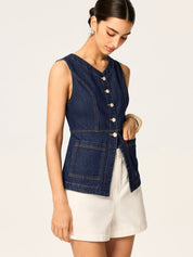 Denim Slim Button Bezrękawnik
