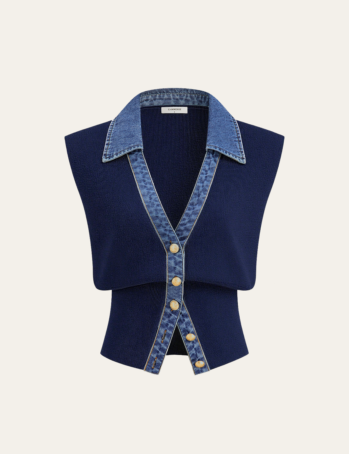 Kamizelka dzianinowa z metalowym guzikiem i denimu