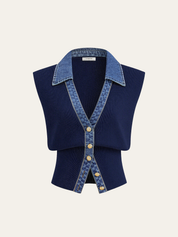 Kamizelka dzianinowa z metalowym guzikiem i denimu