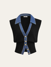 Kamizelka dzianinowa z metalowym guzikiem i denimu