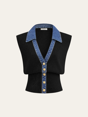 Kamizelka dzianinowa z metalowym guzikiem i denimu