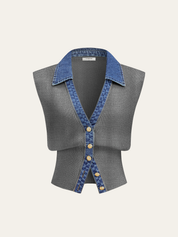 Kamizelka dzianinowa z metalowym guzikiem i denimu
