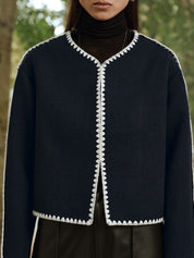 Kurtka Tweedowa z Kontrastowym Wykończeniem