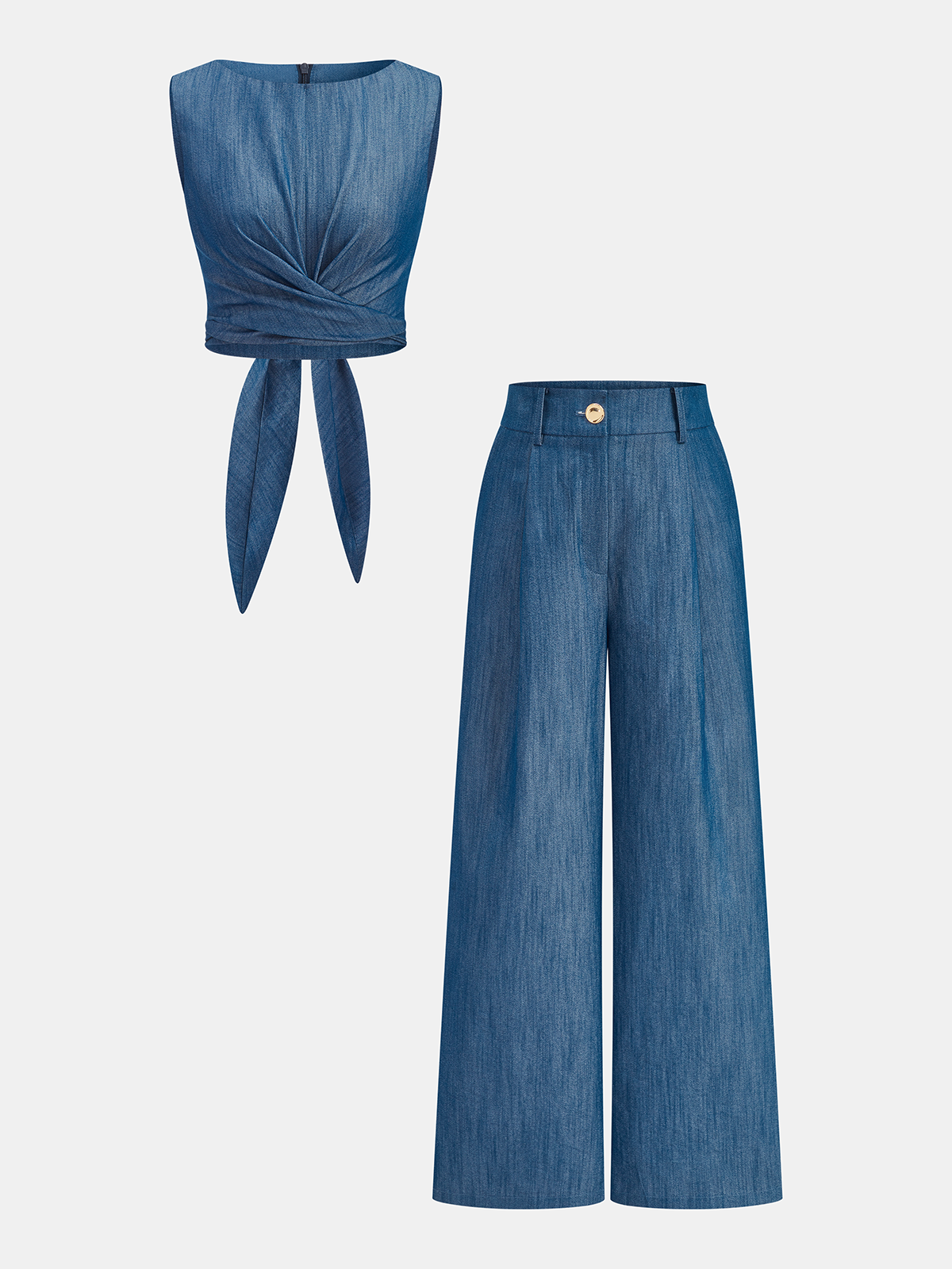 Zestaw Crop Top z Krzyżowym Zapięciem i Spodniami z Szerokimi Nogawkami