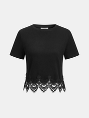 Crop Top z Koronkowym Wykończeniem i Krótkim Rękawem
