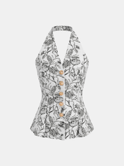Top w kwiatowy wzór z dekoltem halter i guzikami z przodu