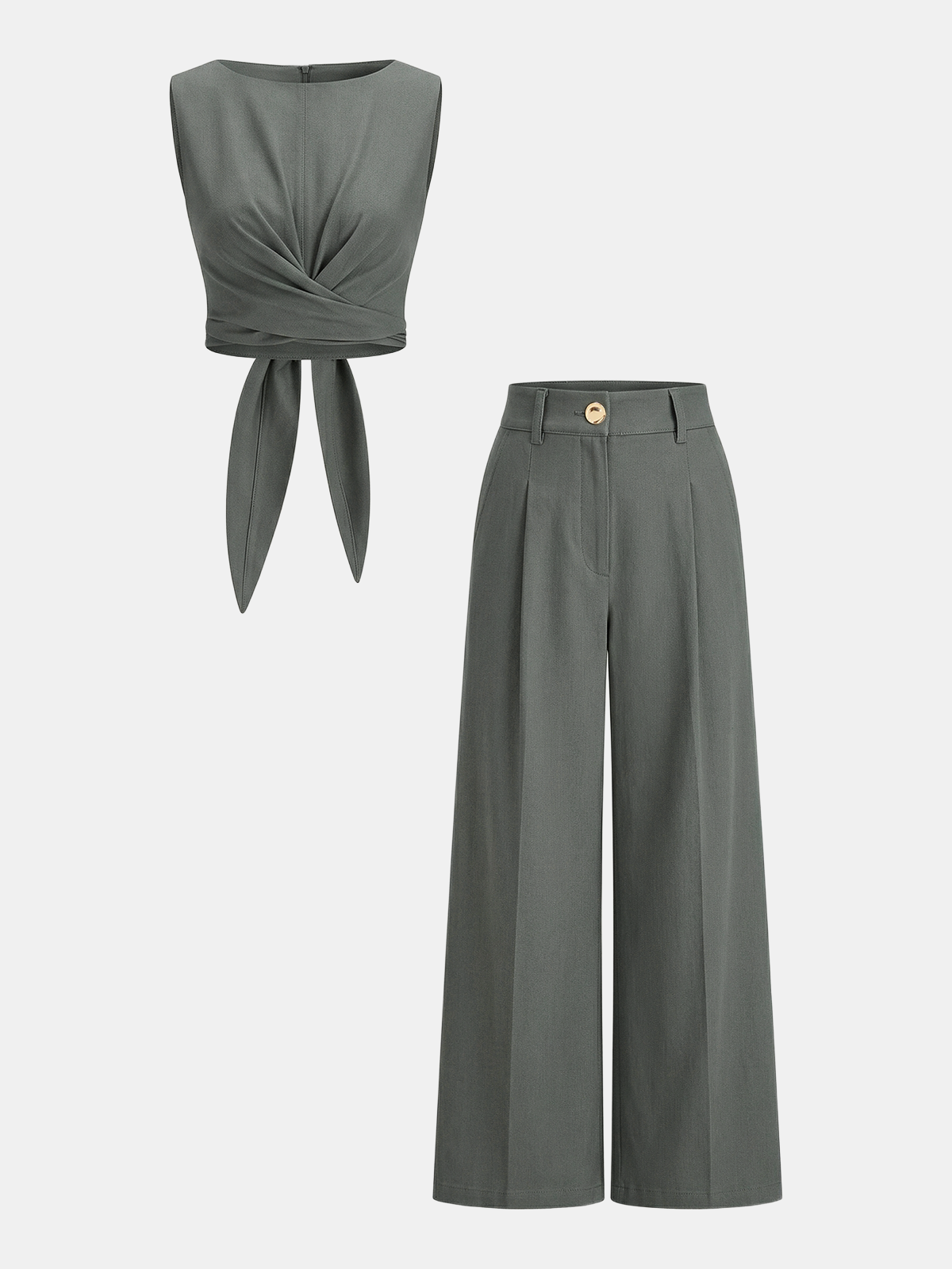 Zestaw Crop Top z Krzyżowym Zapięciem i Spodniami z Szerokimi Nogawkami
