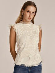 Teksturowany Rękaw Ruffle Mesh Top