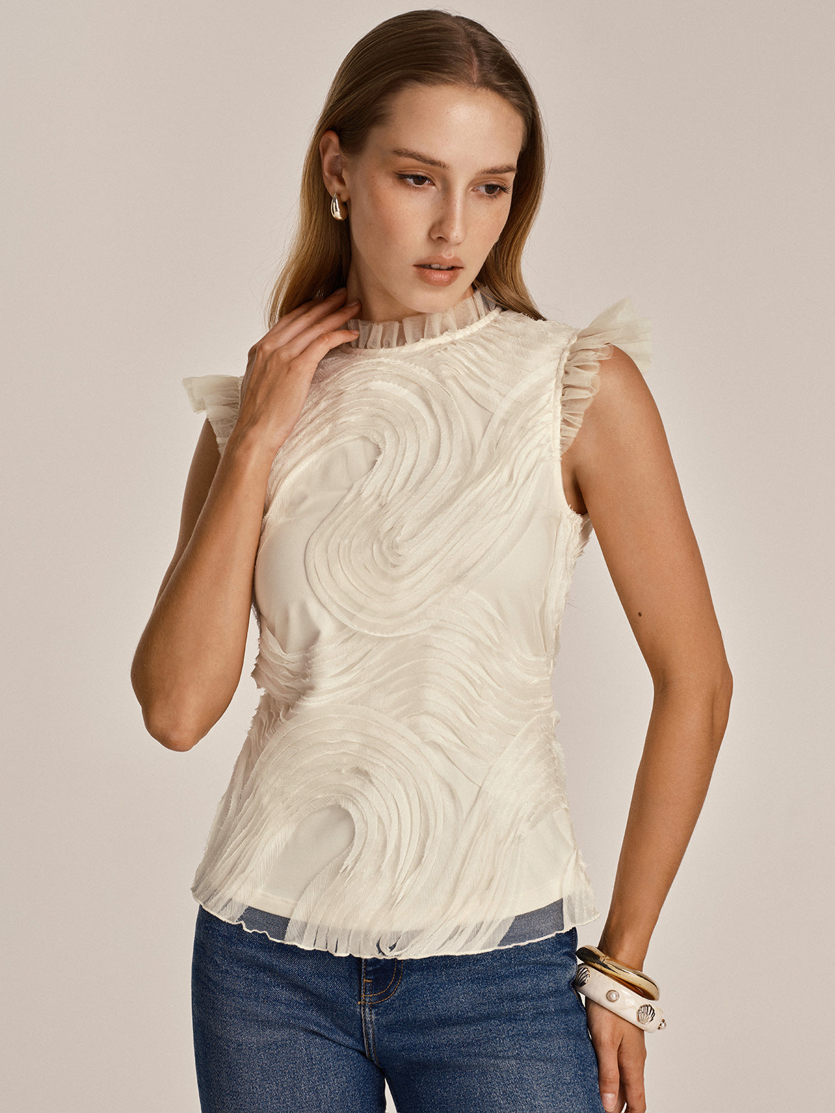 Teksturowany Rękaw Ruffle Mesh Top