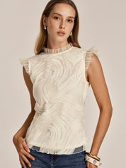 Teksturowany Rękaw Ruffle Mesh Top