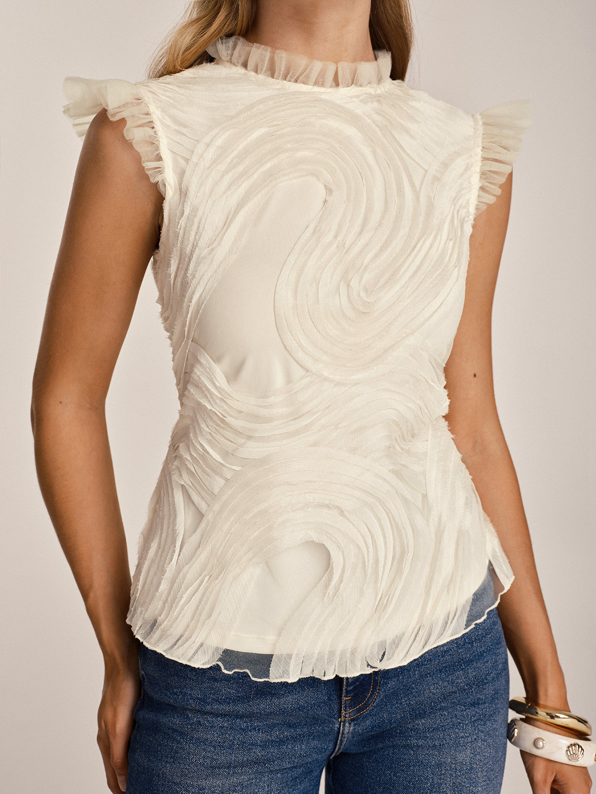 Teksturowany Rękaw Ruffle Mesh Top