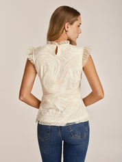 Teksturowany Rękaw Ruffle Mesh Top