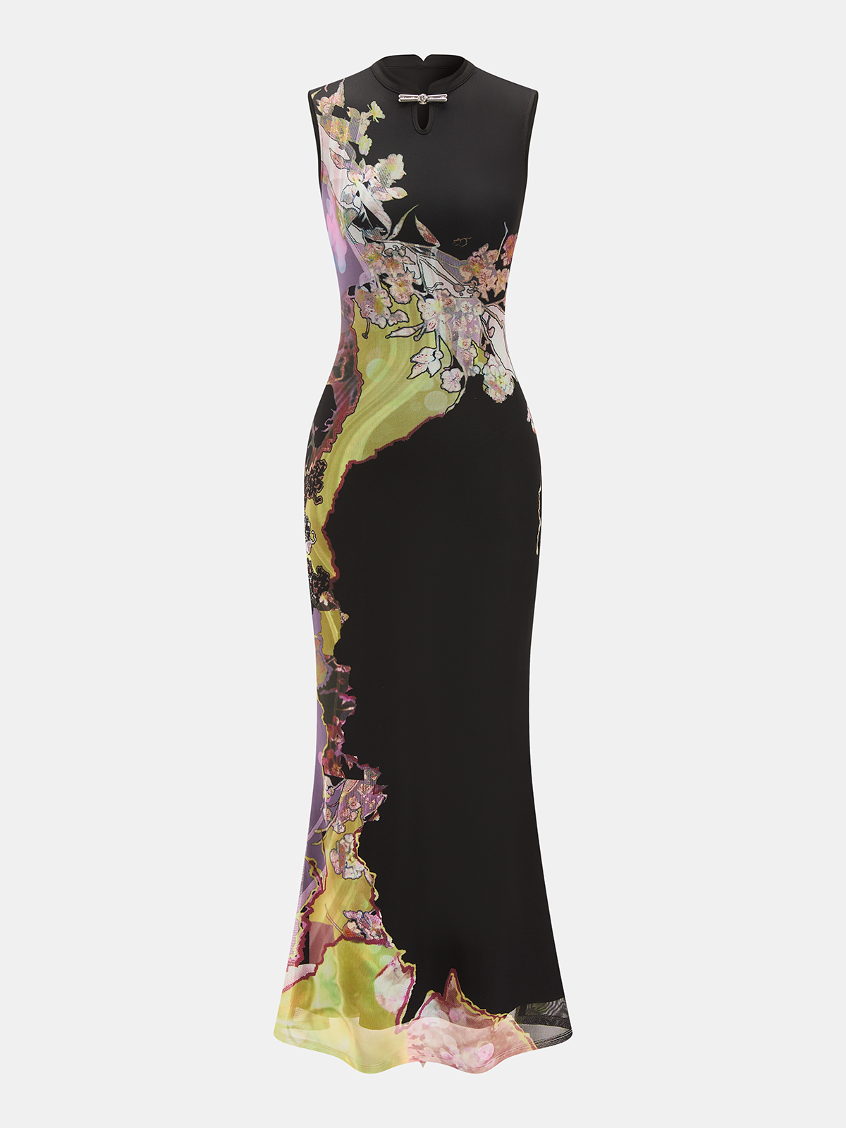 Bezramienna Kwiatowa Sukienka Maxi Cheongsam