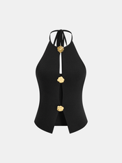 Top Halter z Wycięciem i Kwiatowym Wzorem