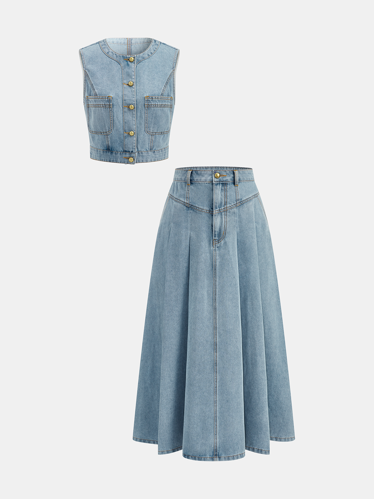 Zestaw kamizelki z denimu i plisowanej spódnicy midi