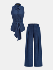 Top i spodnie z wiązaniem w pasie z imitacji denimu