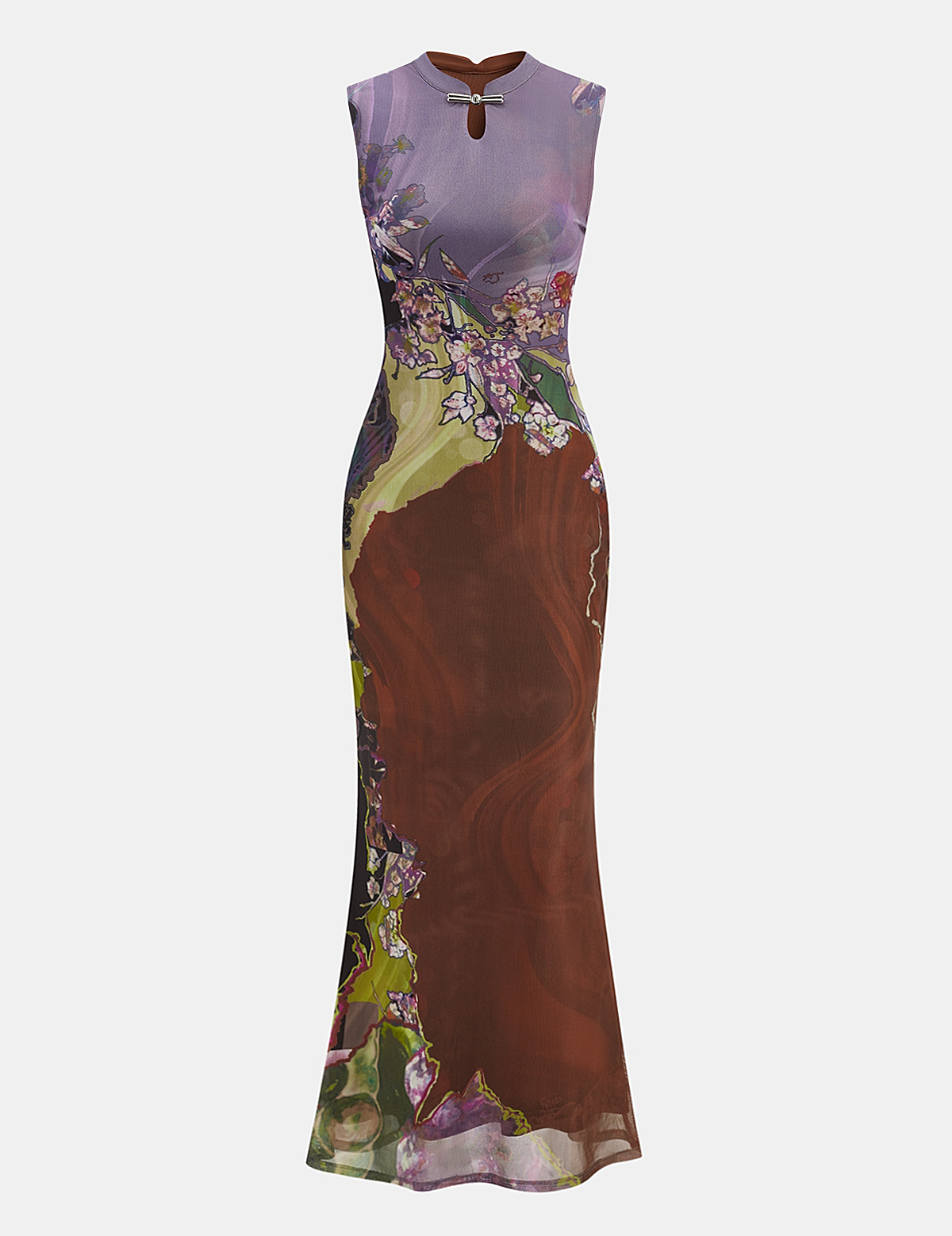 Bezramienna Kwiatowa Sukienka Maxi Cheongsam