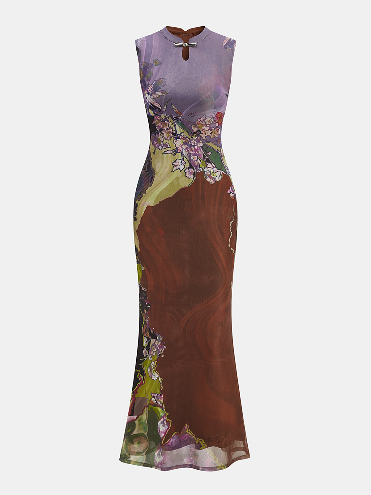 Bezramienna Kwiatowa Sukienka Maxi Cheongsam