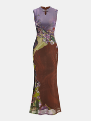 Bezramienna Kwiatowa Sukienka Maxi Cheongsam